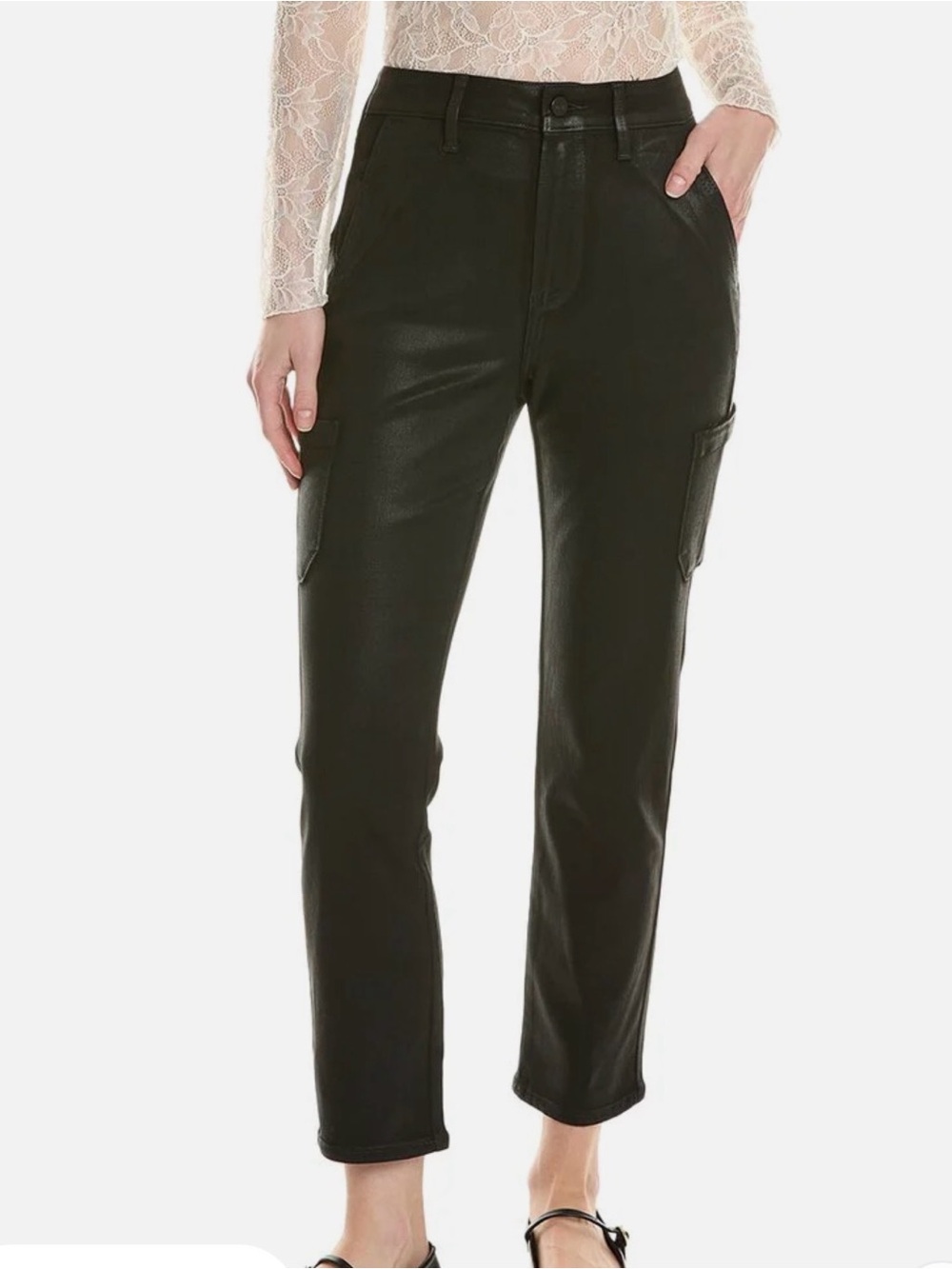 PAIGE Black Coated Cargo Straight-Leg Pants